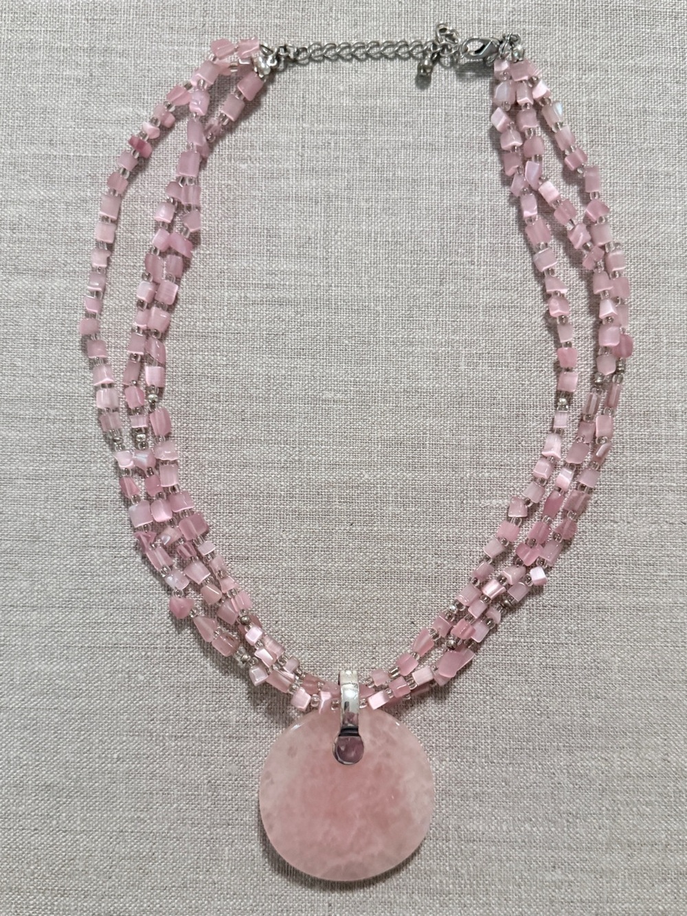 Premier Designs Catalina Pink Cat’s Eye 3 Strand Necklace & Rose Quartz Pendant